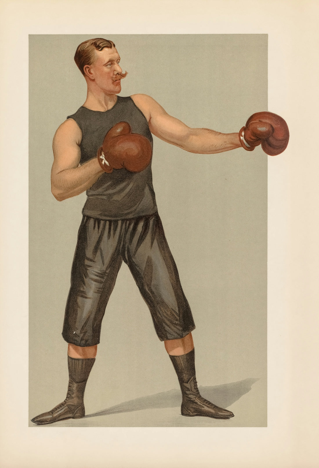 Boxer in vintage attire with boxing gloves and mustache.