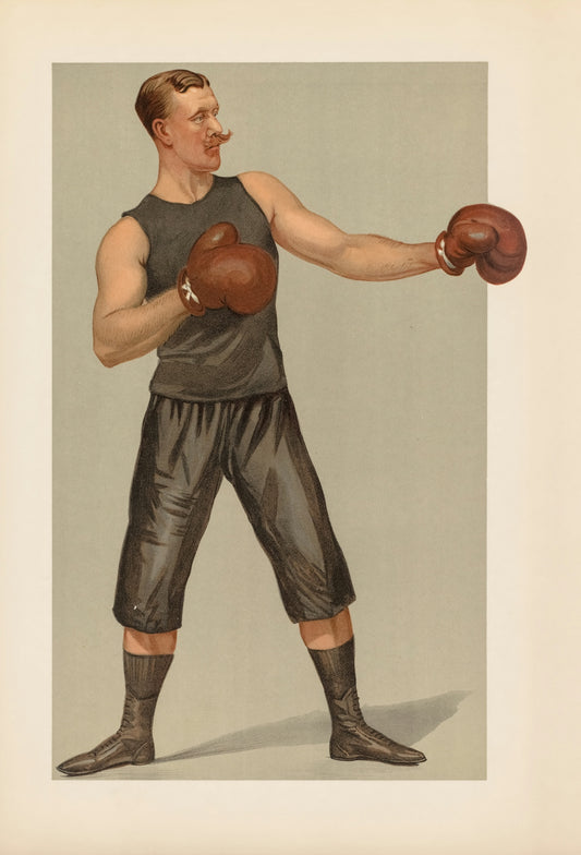 Boxer in vintage attire with boxing gloves and mustache.